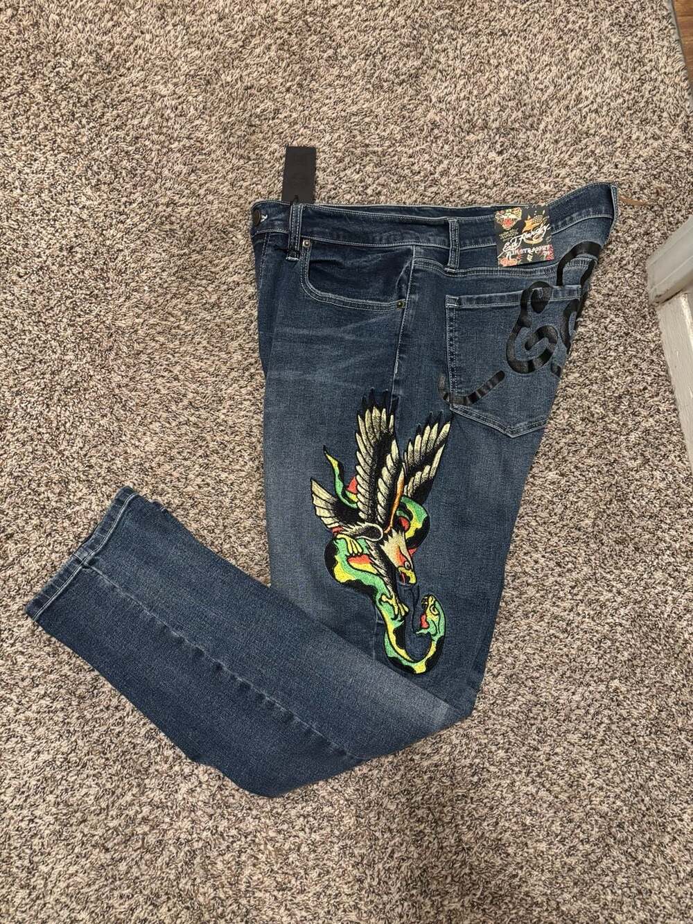 Ed Hardy Stretch embroidered Eagle Snake Slim Straight Jeans. NEW. 34